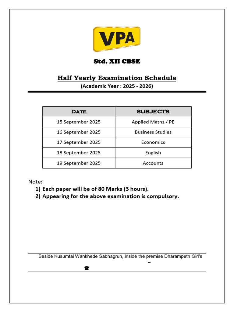 CBSE XII Half Yearly Exam Schedule 2025 | PDF