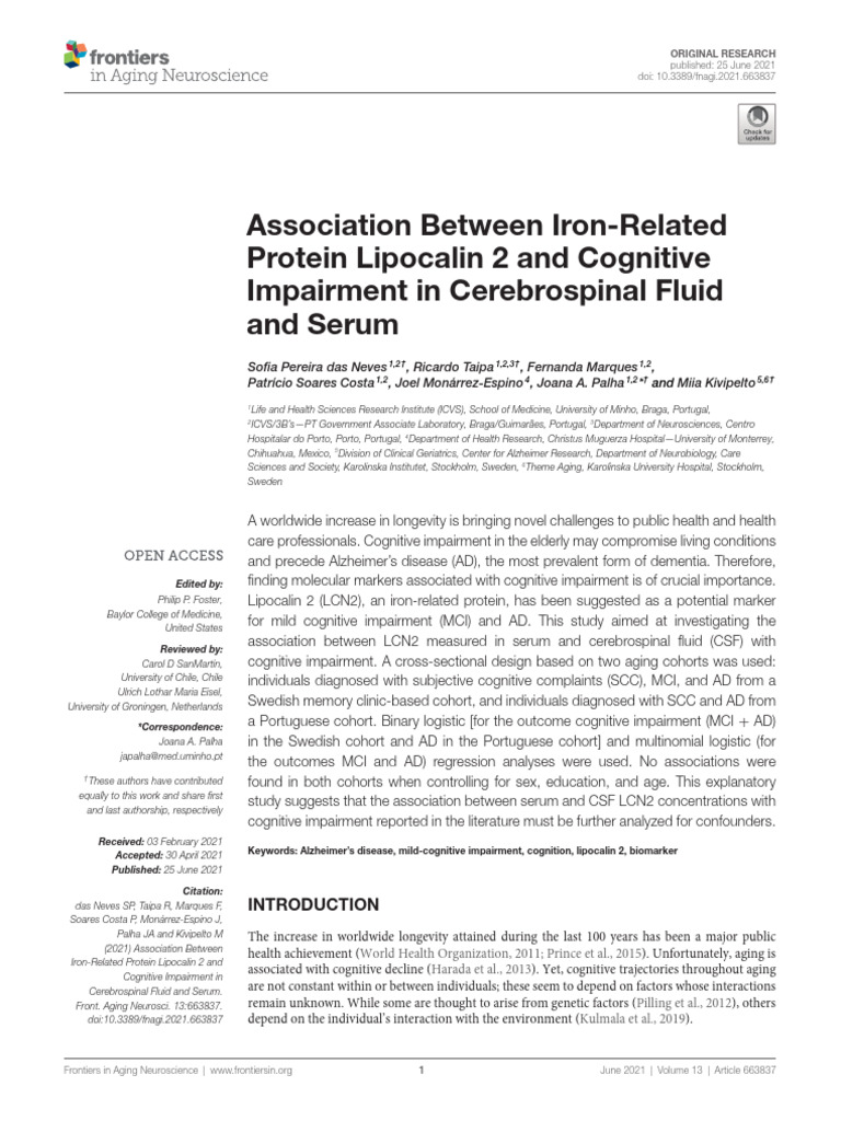 Lipocalin 2 and Cognitive Impairment Study | PDF | Diagnostic And ...