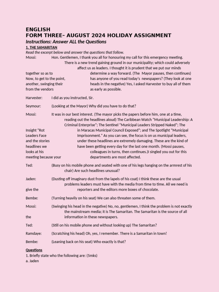 August 2024 English Holiday Assignment | PDF