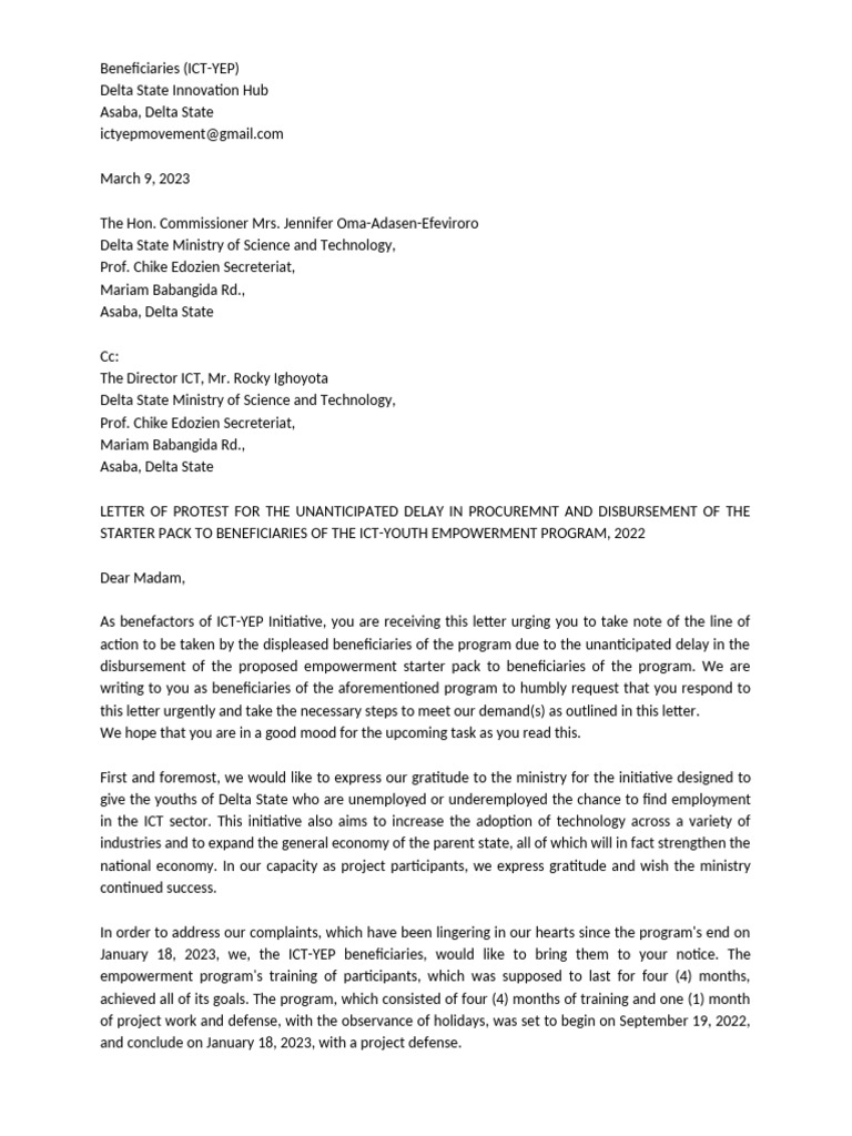 ICT-YEP Beneficiaries' Protest Letter | PDF