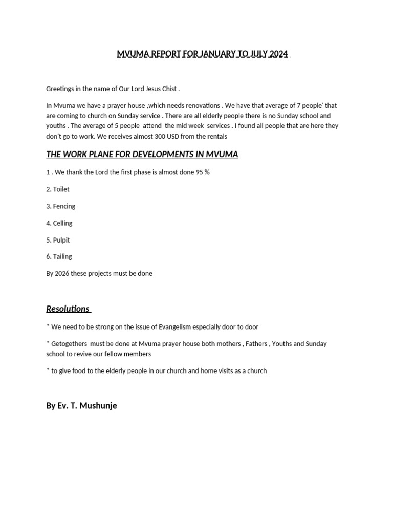 Mvuma Church Renovation Report 2024 | PDF