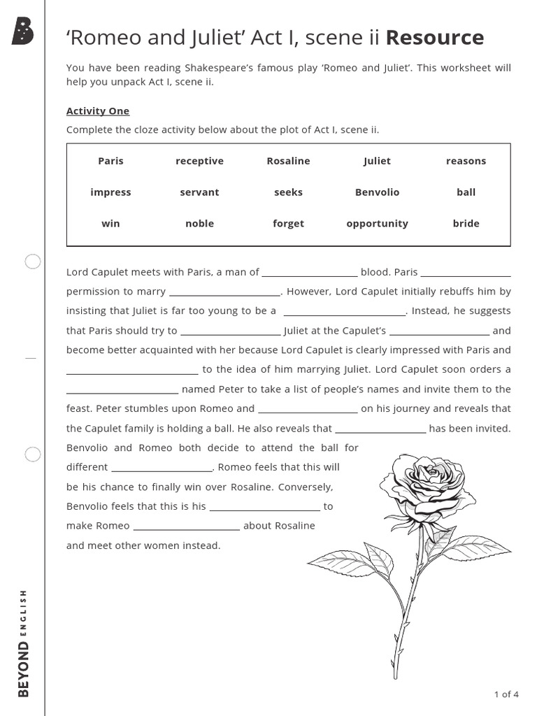 Romeo and Juliet Act 1 Scene 2 Worksheet | PDF | Characters In Romeo ...