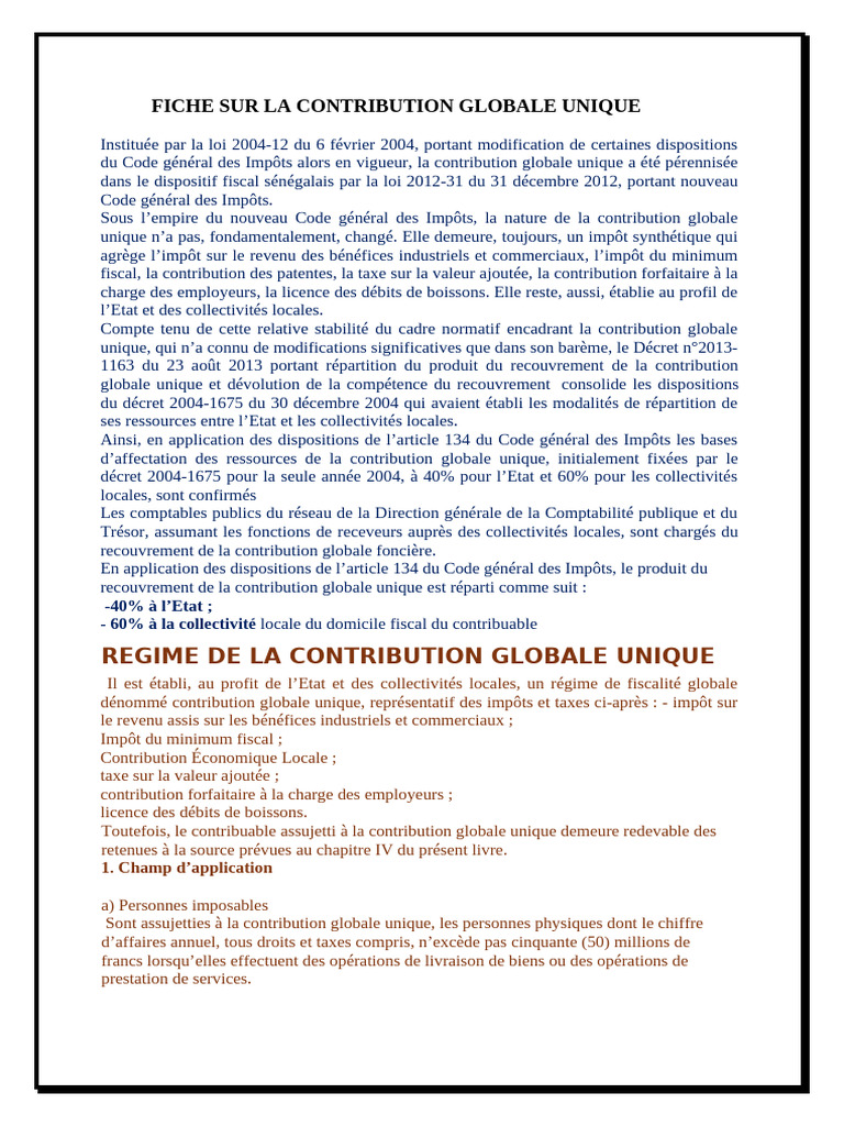 Fiche sur la Contribution Globale Unique | PDF | Impôts | Business