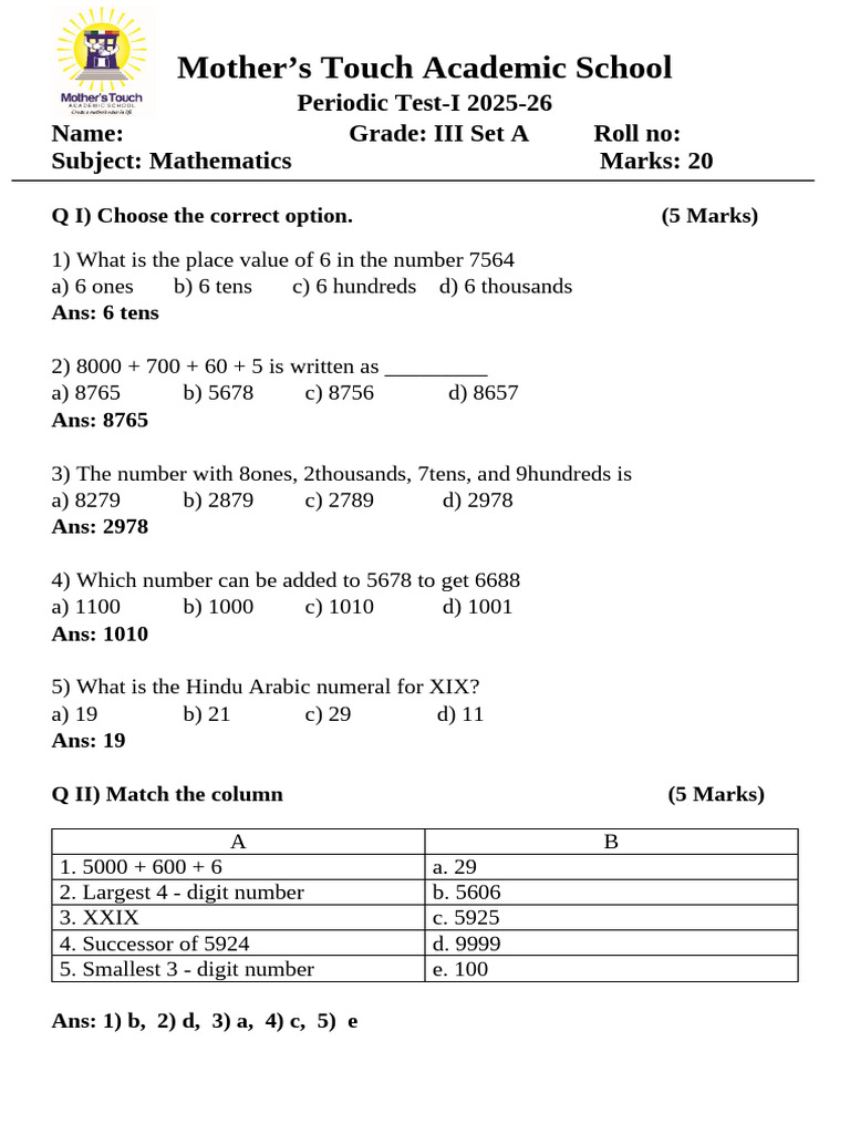 Maths PT - 1 Paper - A Answer Key | PDF | Numbers | Arithmetic