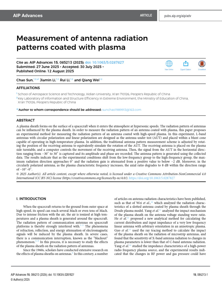 Antenna Radiation Patterns in Plasma | PDF | Antenna (Radio ...