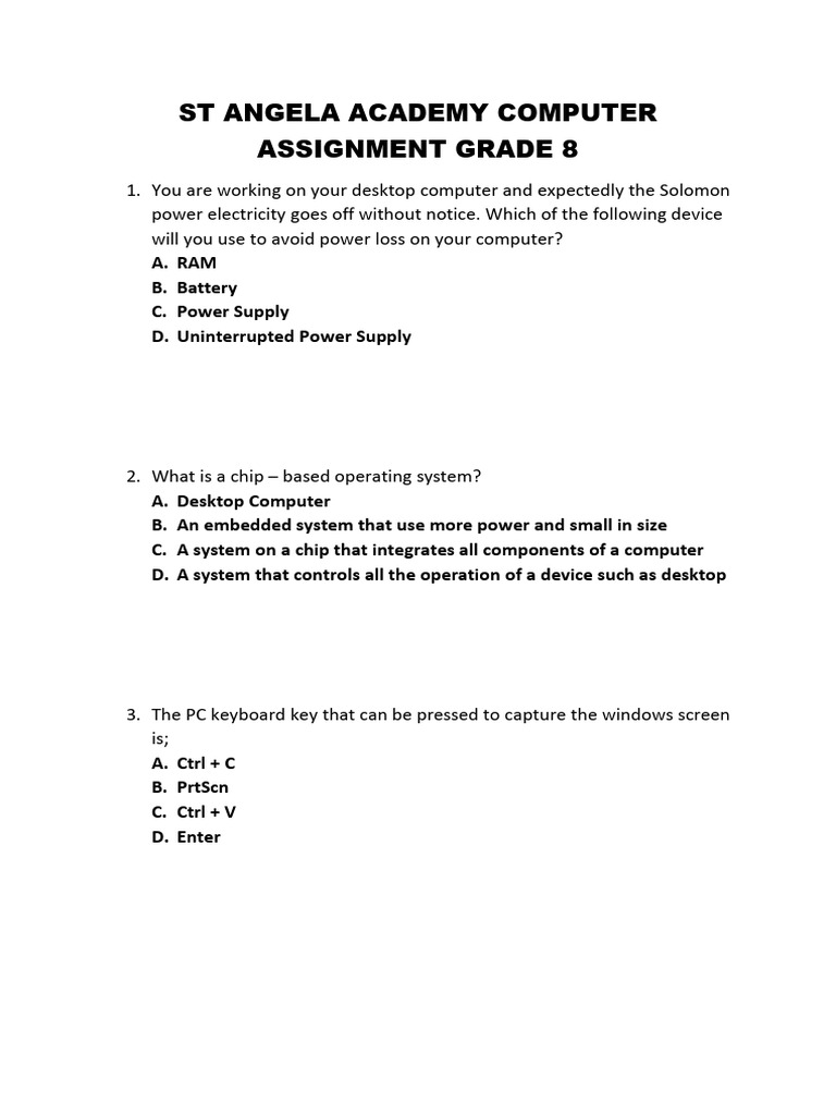 Grade 8 Computer Assignment Questions | PDF | Microsoft Excel | Printer ...