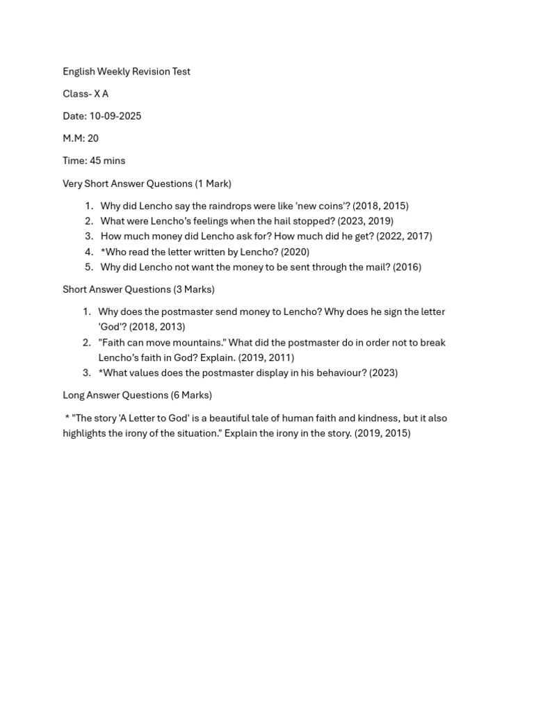 Class X English Revision Test Guide | PDF