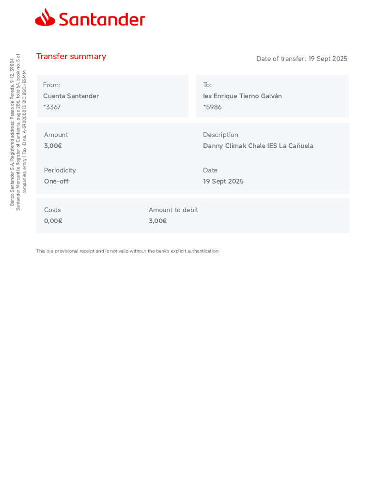 Provisional Receipt for €3 Transfer | PDF