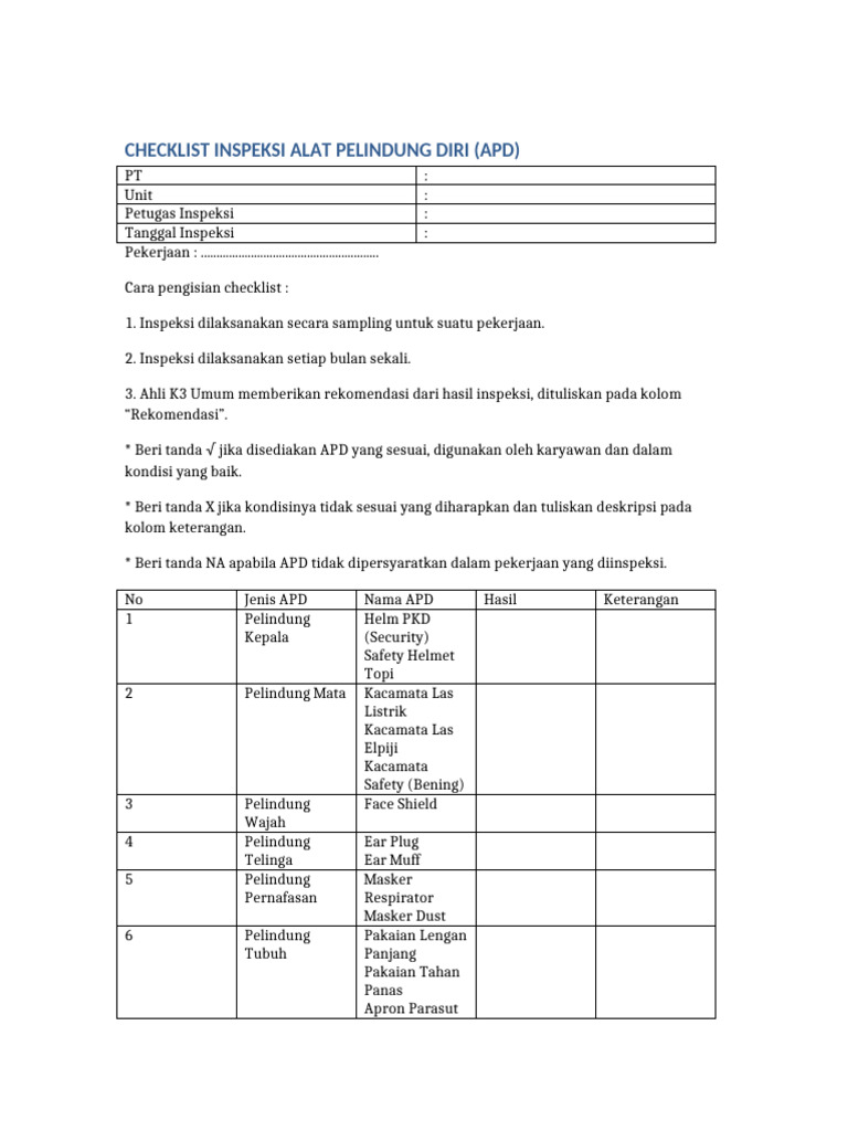 Checklist Inspeksi APD Bulanan | PDF