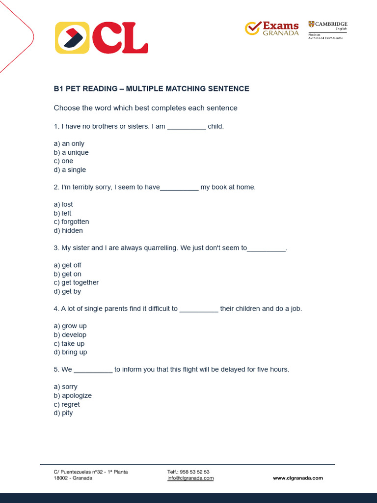 b1 Pet - Grammar and Vocabulary Multiple Matching | PDF