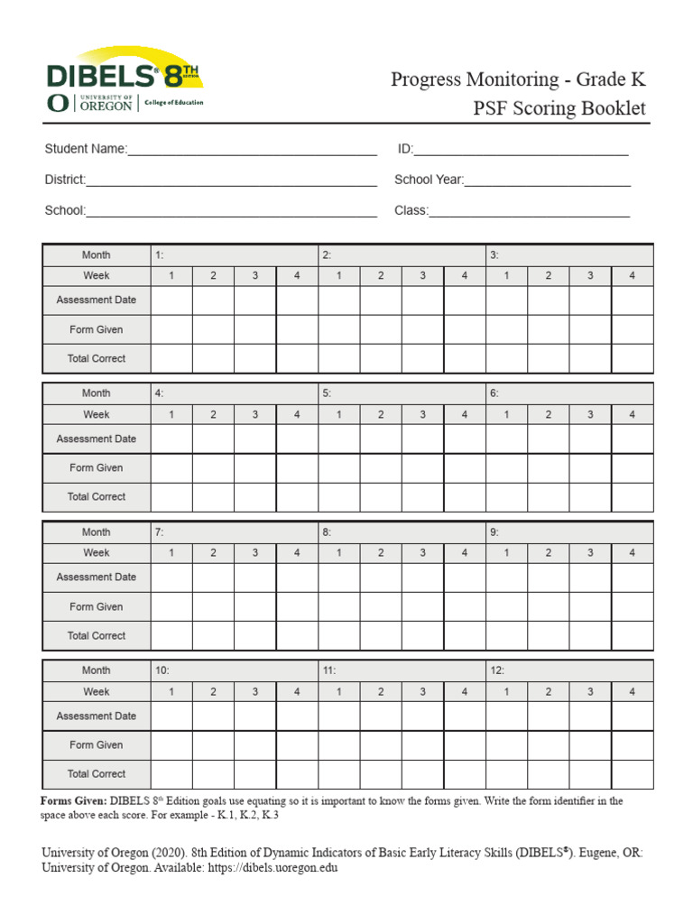DIBELS PSF Progress Monitoring Guide | PDF | Standardized Tests ...