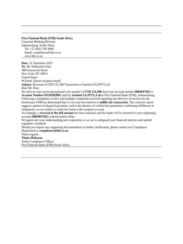 FNB Transaction Reversal Notification | PDF