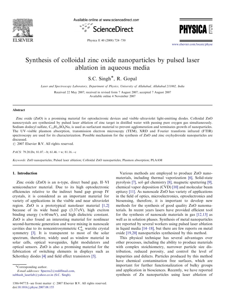 Synthesis of ZnO Nanoparticles via Laser Ablation | PDF | Zinc Oxide ...