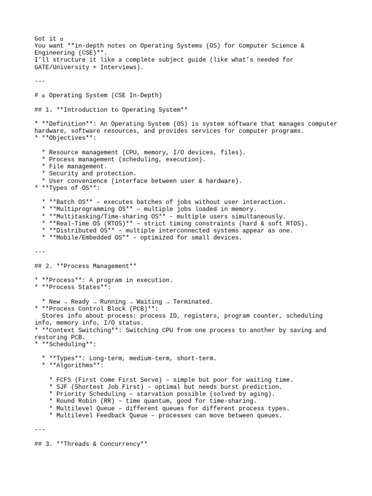 In-Depth OS Guide for CSE Students | PDF | Operating System | Process ...
