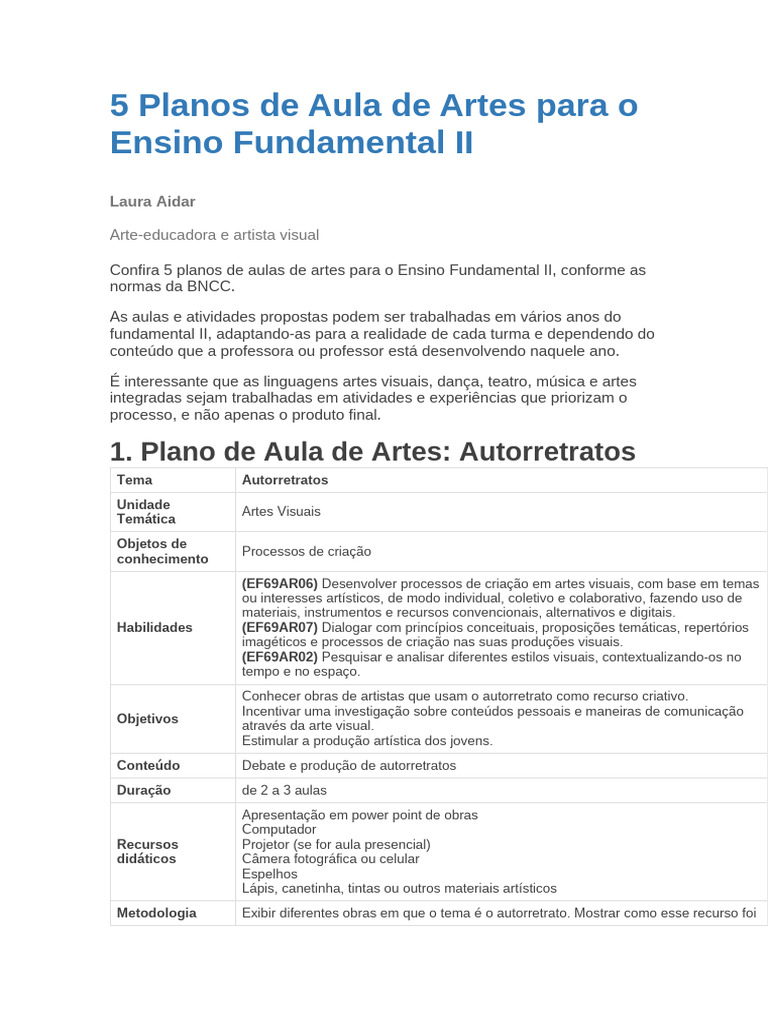 Planos de Aula de Artes para Fundamental II | PDF | Estética | Imagem