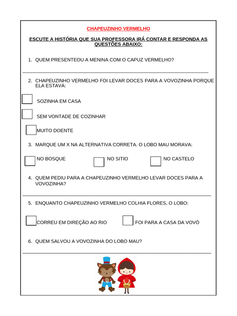 Atividades sobre Chapeuzinho Vermelho | PDF | Chapeuzinho Vermelho
