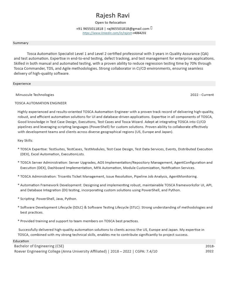 Tosca Automation Engineer Resume | PDF | Software Development Process ...