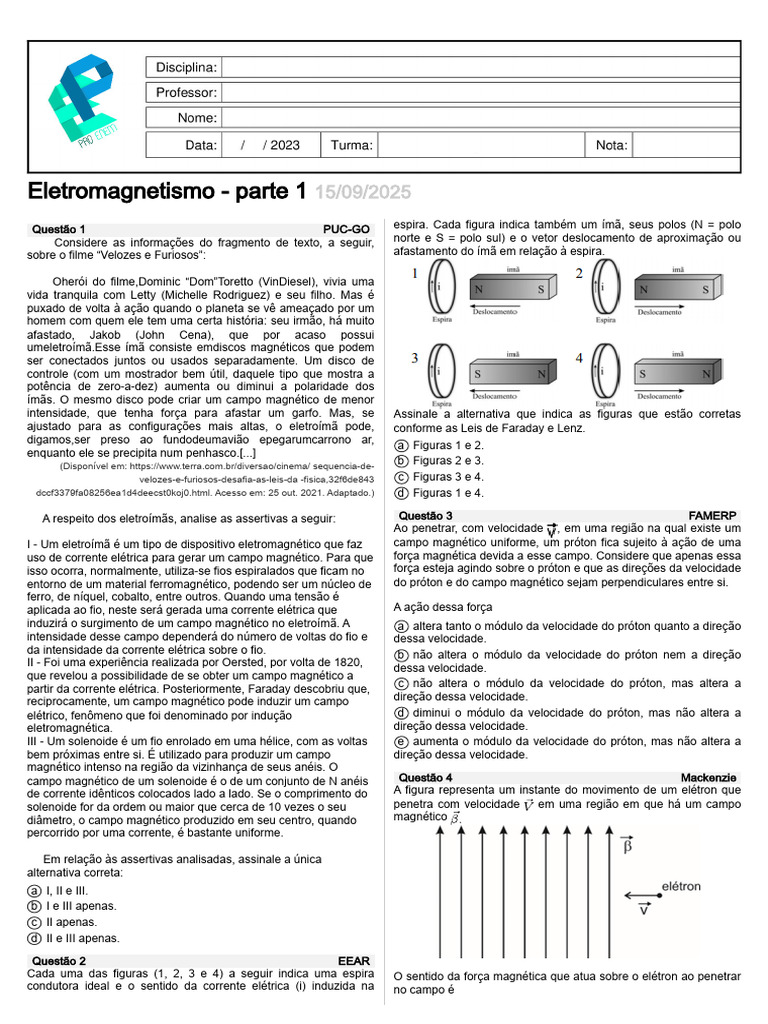 Eletromagnetismo: Questões e Conceitos | PDF | Magnetismo | Campo magnético