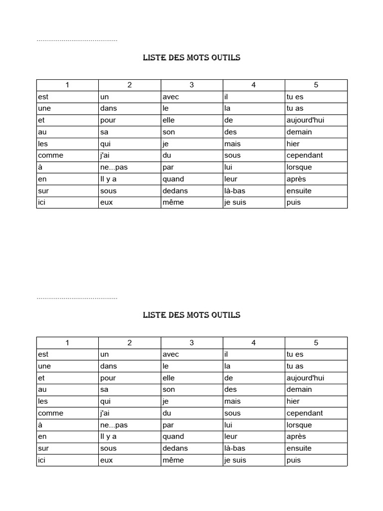 Liste de mots outils et dictées | PDF