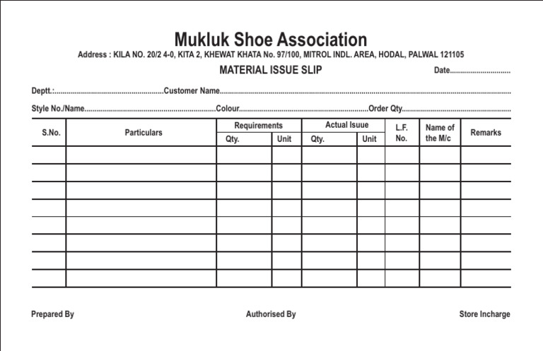 Material Issue Slip for Mukluk Shoes | PDF