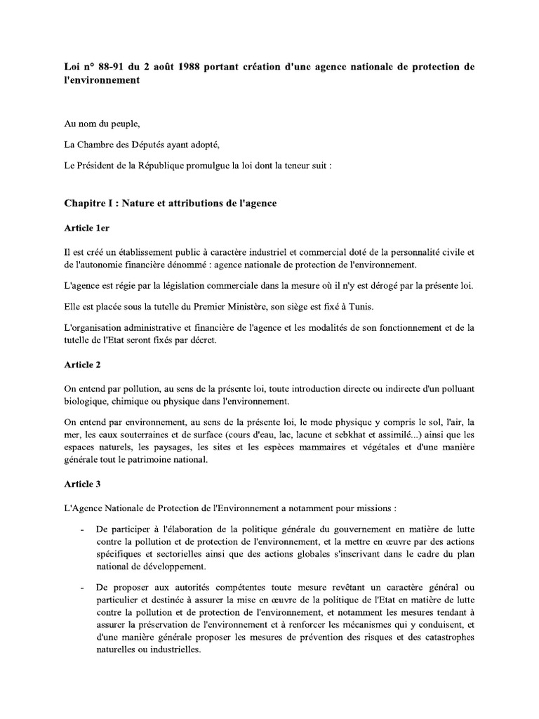 Loi N 88-91 Du 2 Août 1988 Portant Création D'une Agence Nationale de ...