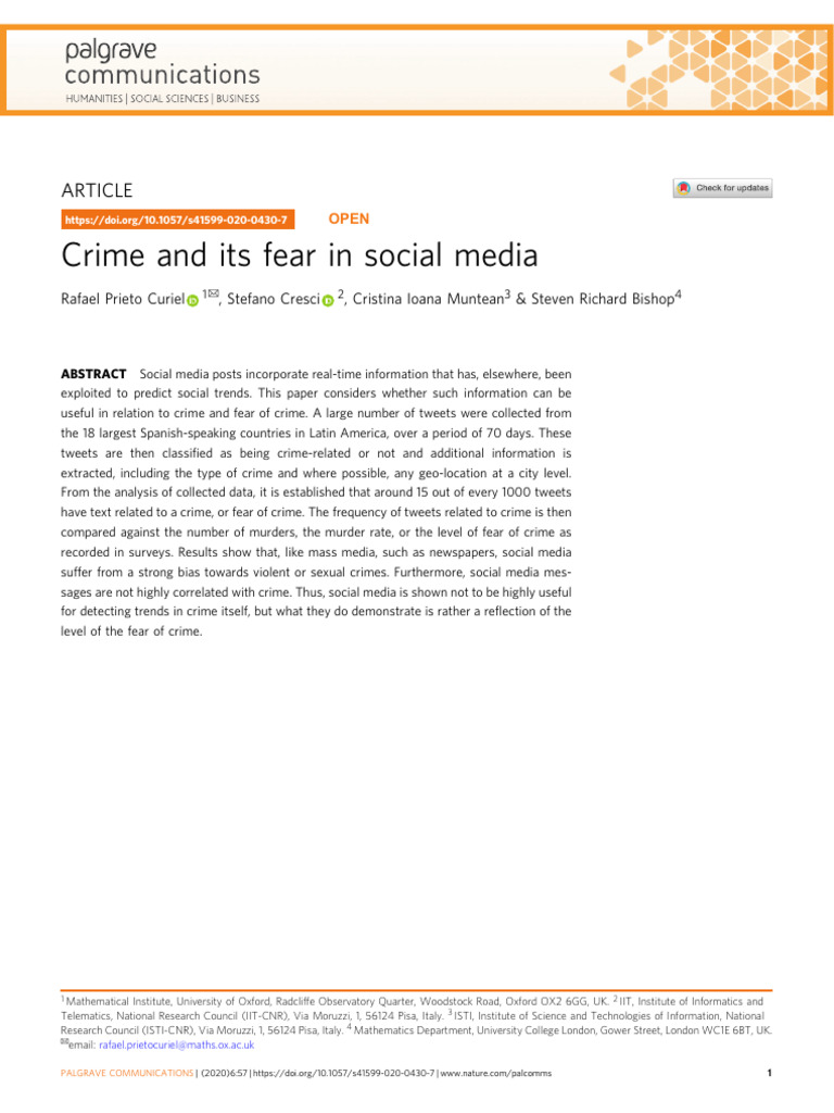 Crime and Its Fear in Social Media PDF Crimes Crime & Violence