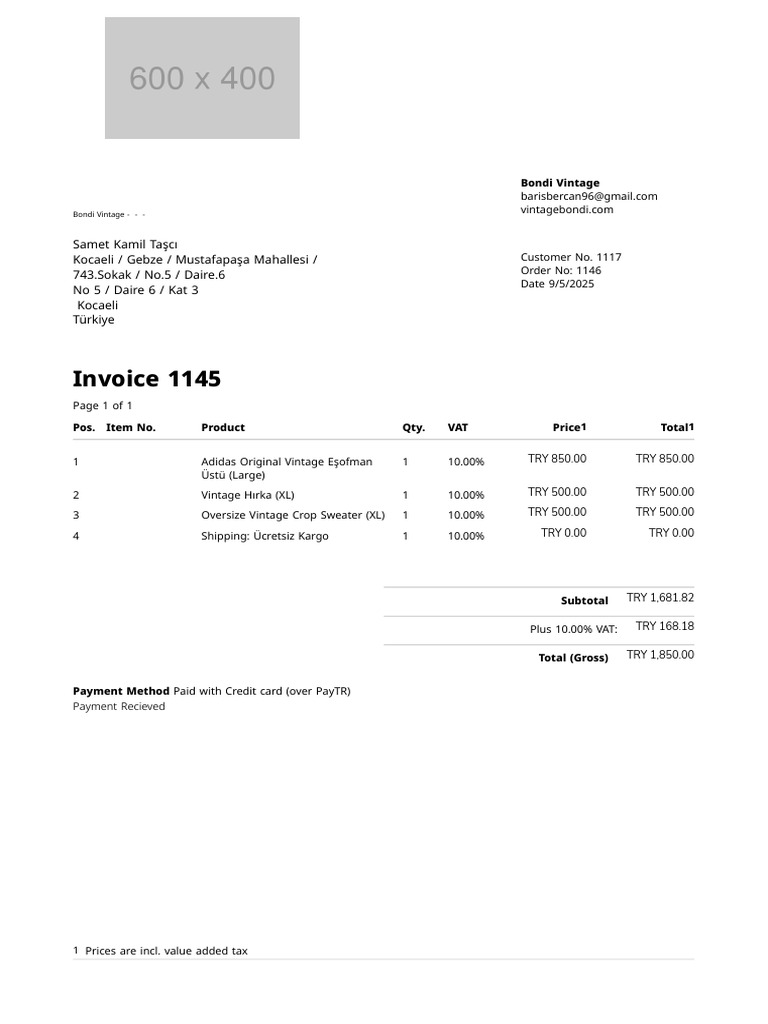 Bondi Vintage Order Invoice Summary | PDF