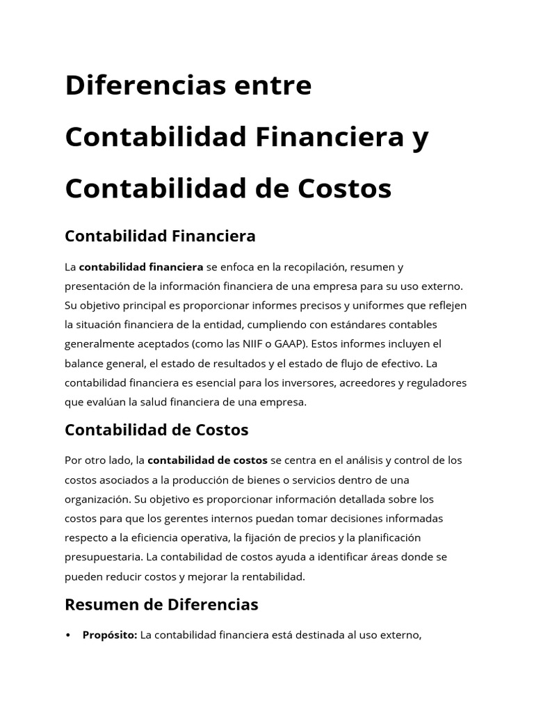 Diferencias Entre Contabilidad Financiera y Contabilidad de Costos ...