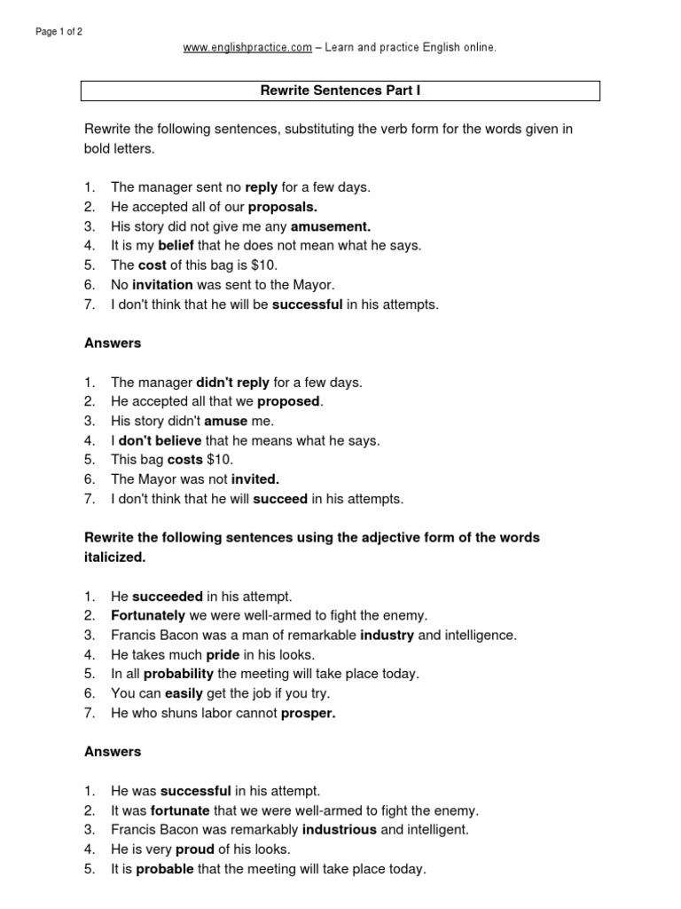 Sentence Rewriting Exercises with Answers | PDF | Language Arts ...