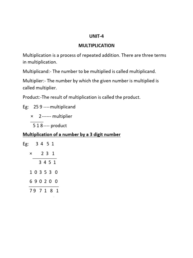 IV TH MATHS UNIT 4 Multiplication CLASS NOTES (2025-26) | PDF ...