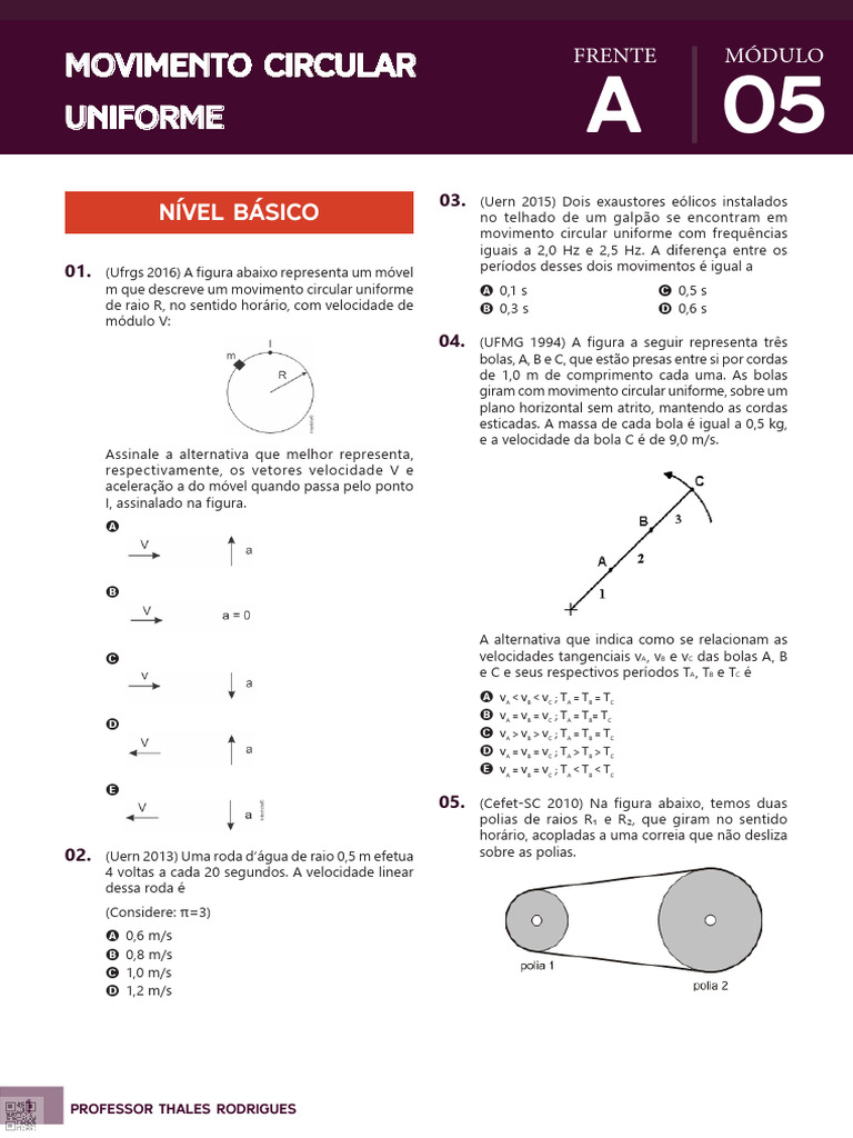 Movimento Circular Uniforme: Questões e Respostas | PDF | Engenharia ...