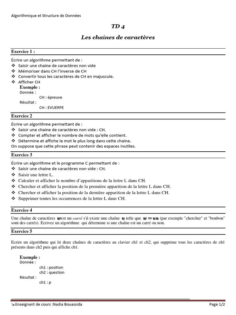 Exercices d'Algorithmique sur les Chaînes | PDF | Algorithmes et ...