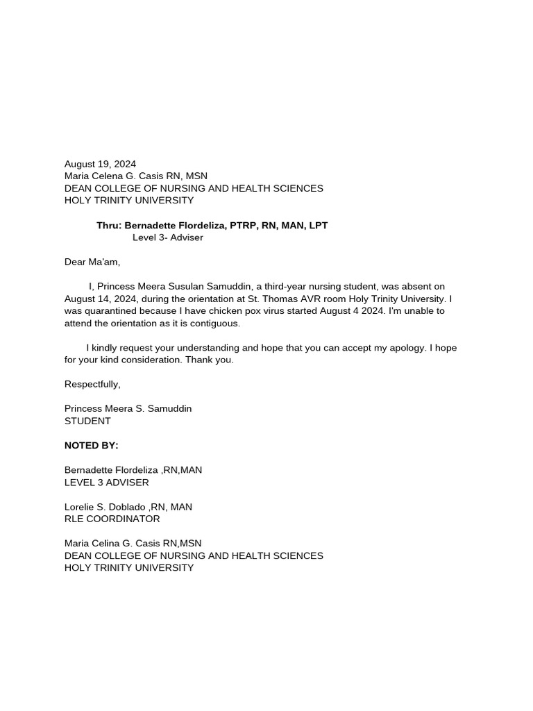 Chicken Pox Absence Apology Letter | PDF