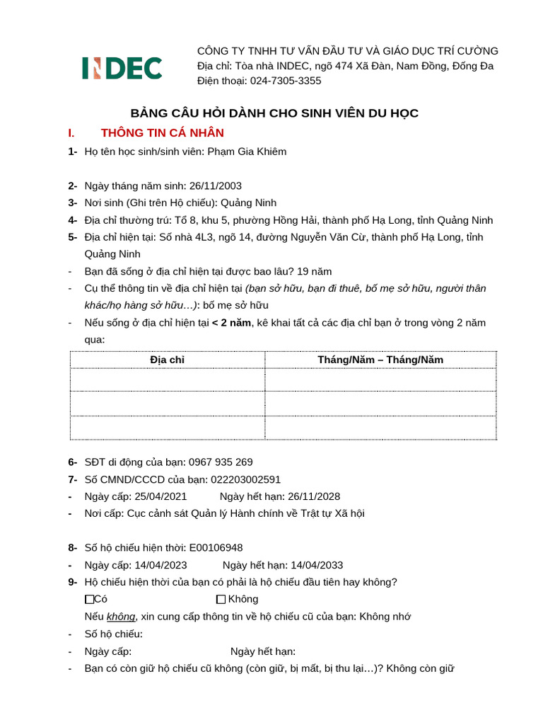 Bảng Khai Thông Tin Form Visa Student (Đã Điền) | PDF