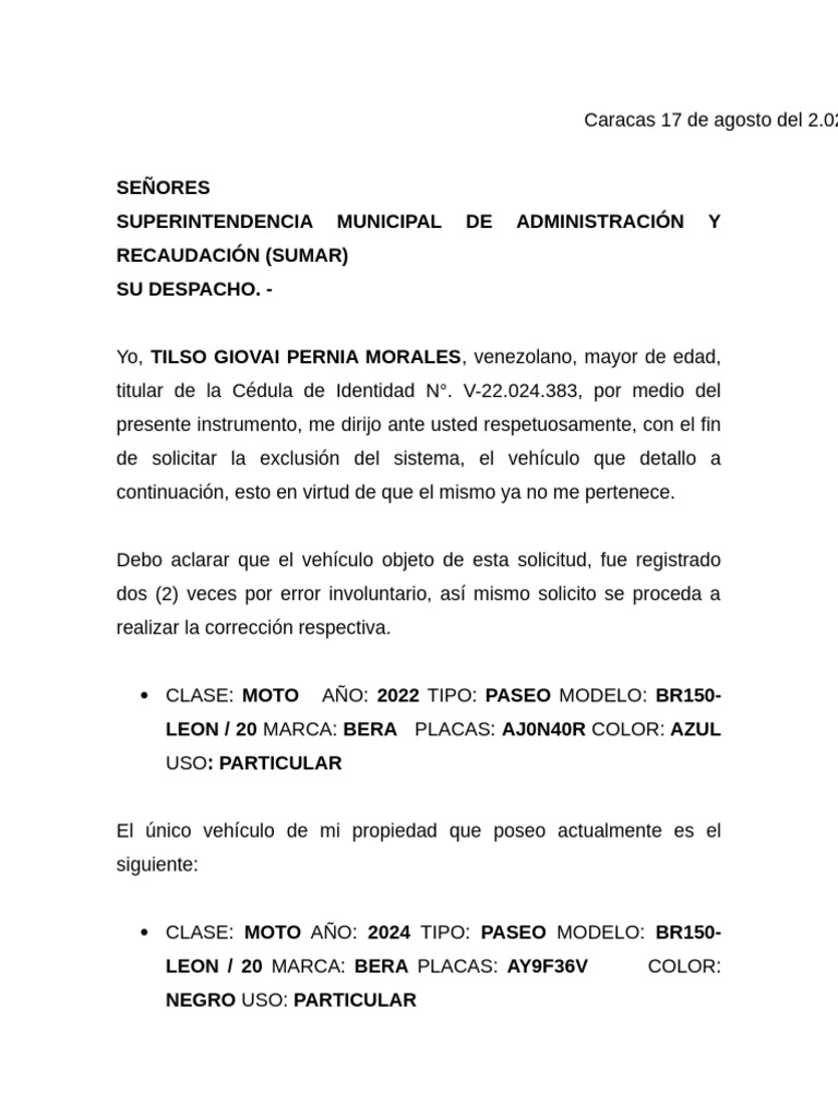 Solicitud de Exclusión de Vehículo | PDF