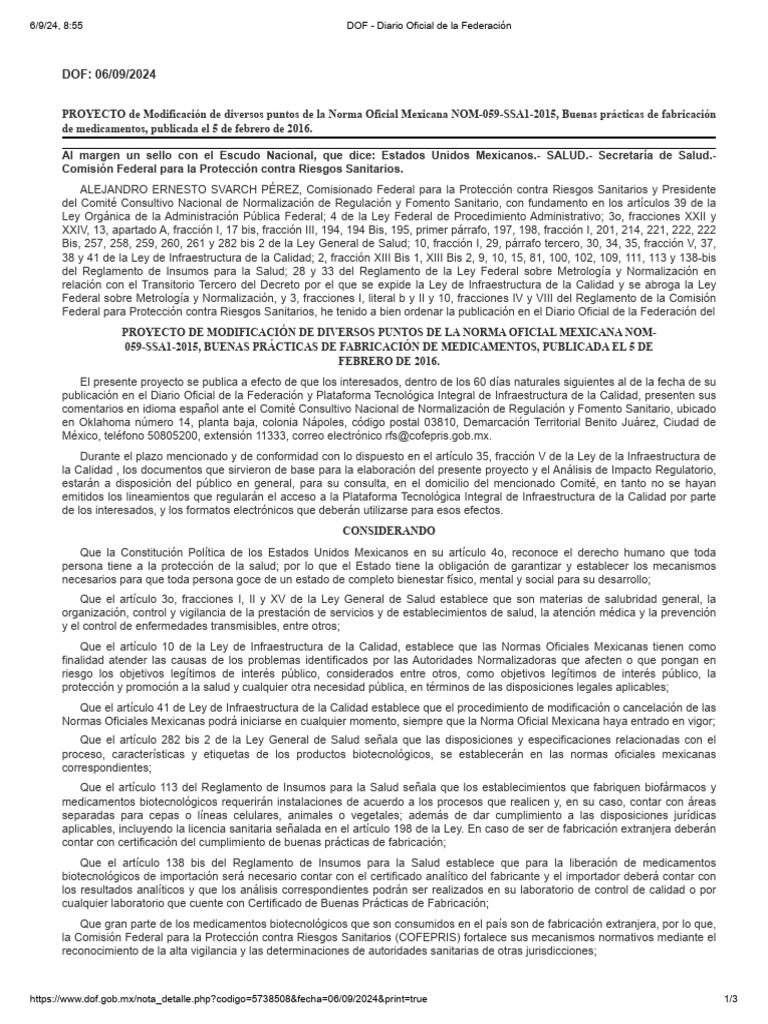 Proy Mod. Nom 059 Ssa1 2015 BPFM | PDF | Ciencias de la Salud | Medicina