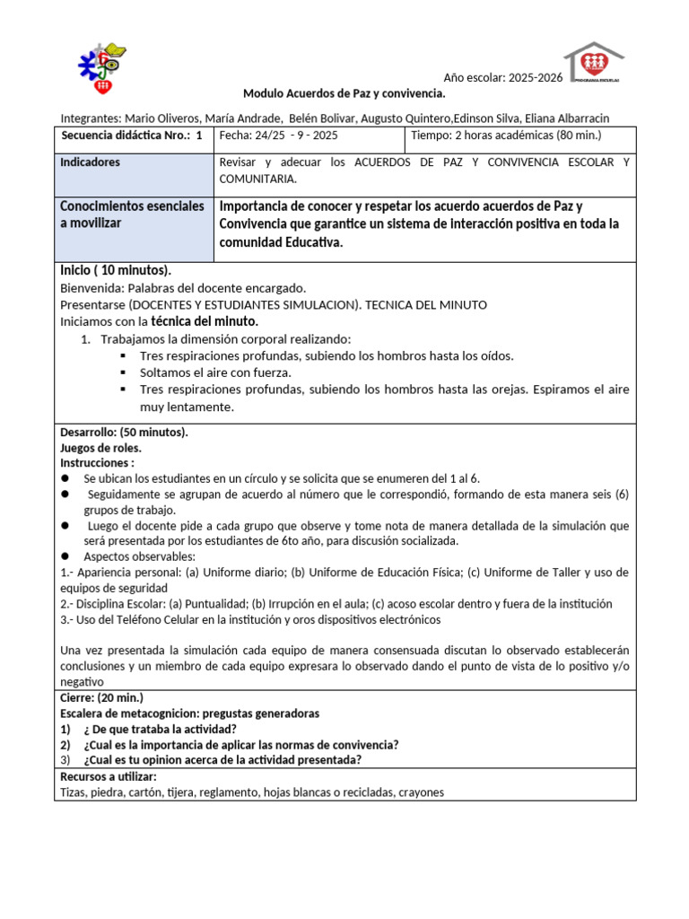 Acuerdos de Paz y Convivencia Escolar | PDF | Aprendizaje
