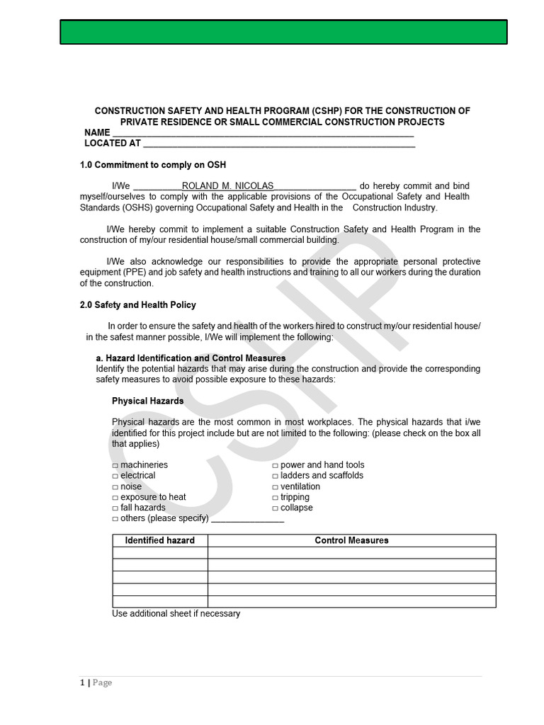 CSHP Template For Residential or Small Commercial Construction Project ...