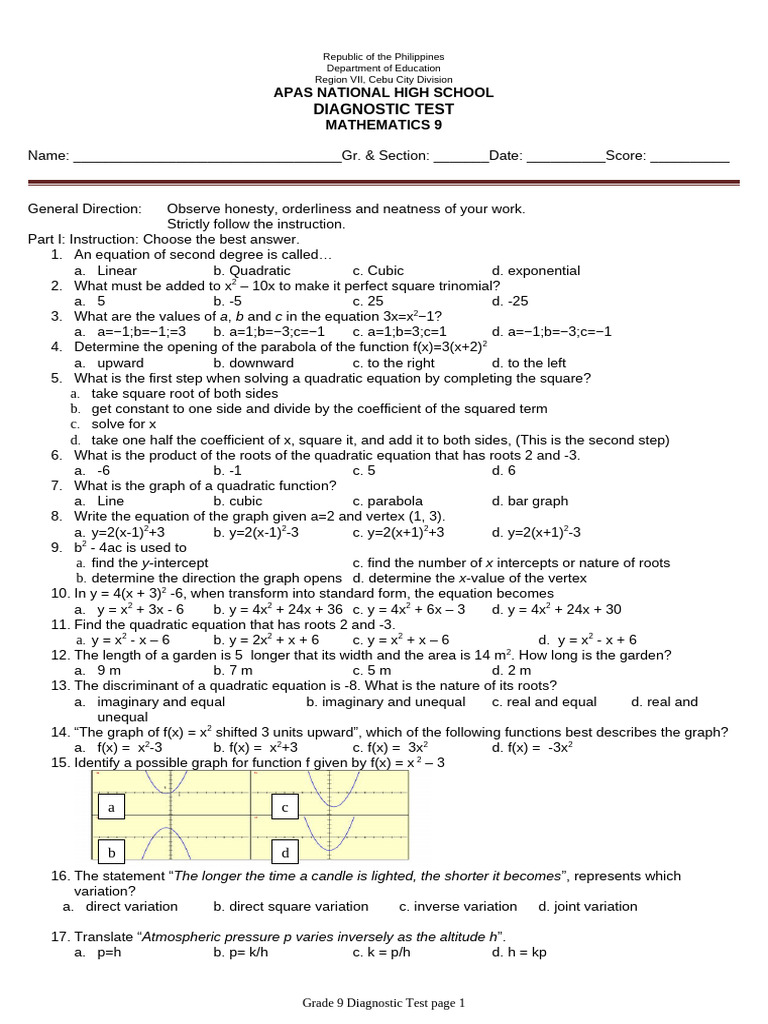 Diagnostic Test - Mathematics 9 V4 | PDF | Triangle | Quadratic Equation