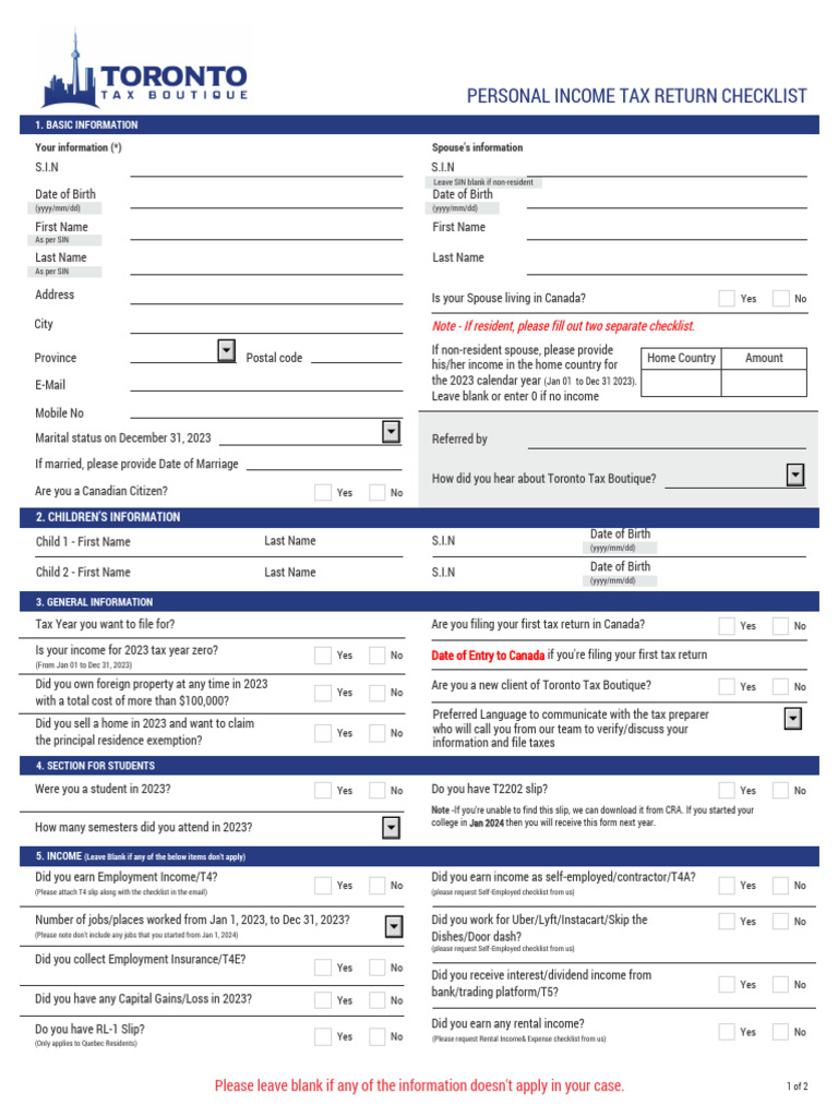 Personal Income Tax Return Checklist | PDF | Tax Refund | Tax Deduction