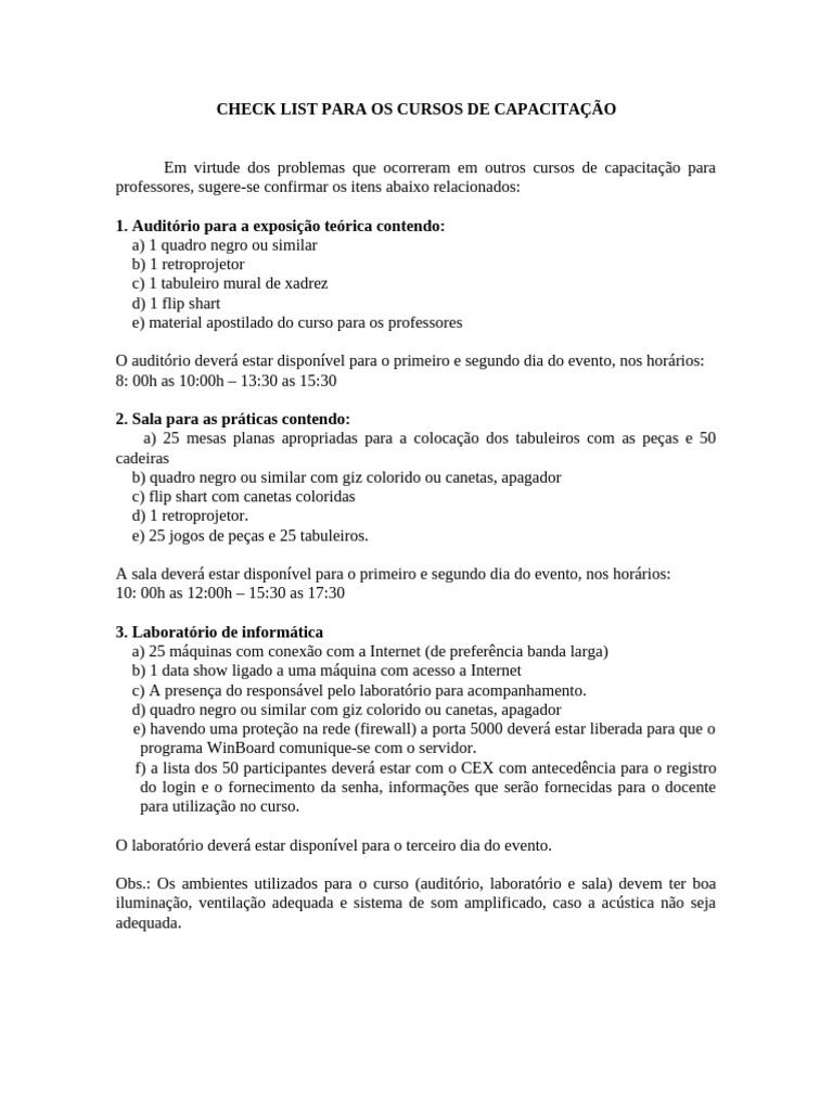 Check List Cursos Capacitação Professores | PDF