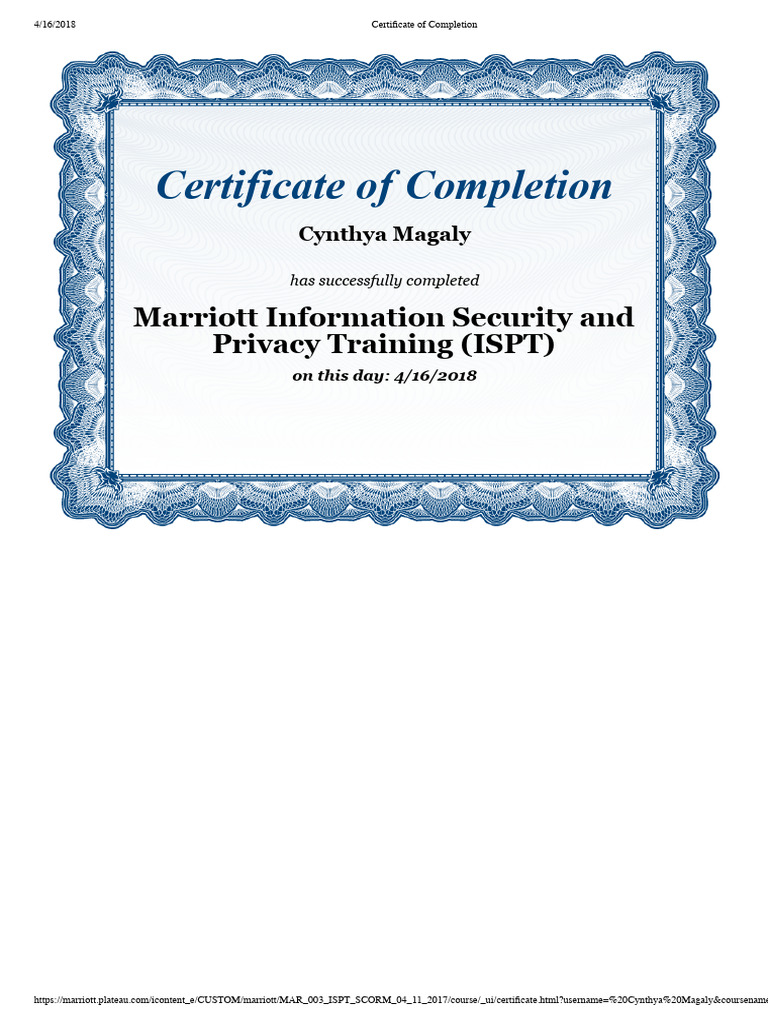 Certificate of Completion- Marriott Information Security | PDF