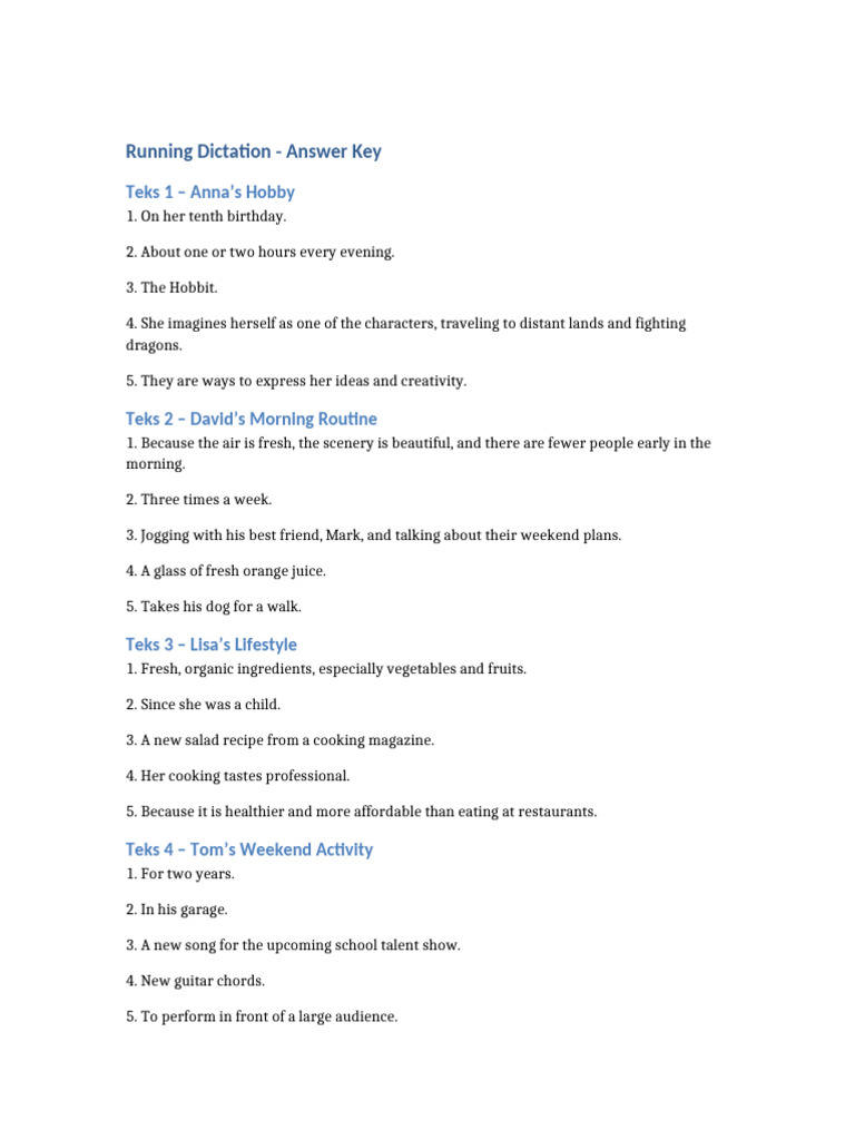 Running Dictation Answer Key Summary | PDF