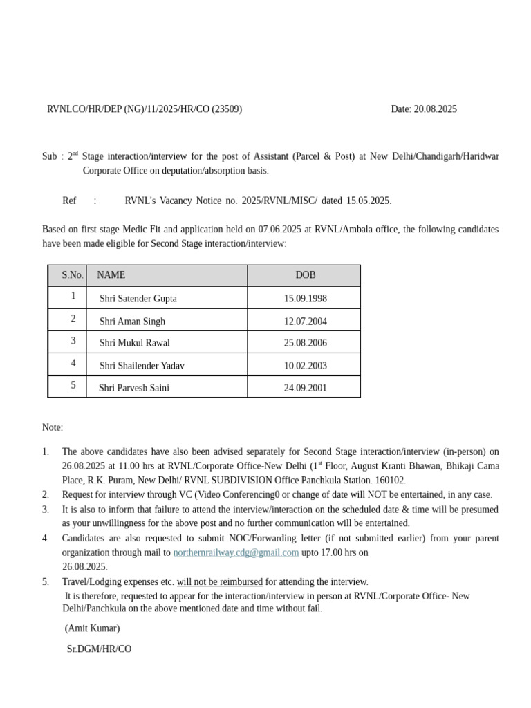 RVNL Assistant Interview Notice 2025 | PDF