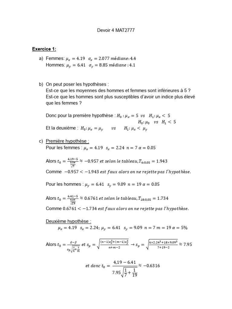 Analyse statistique des moyennes et proportions | PDF