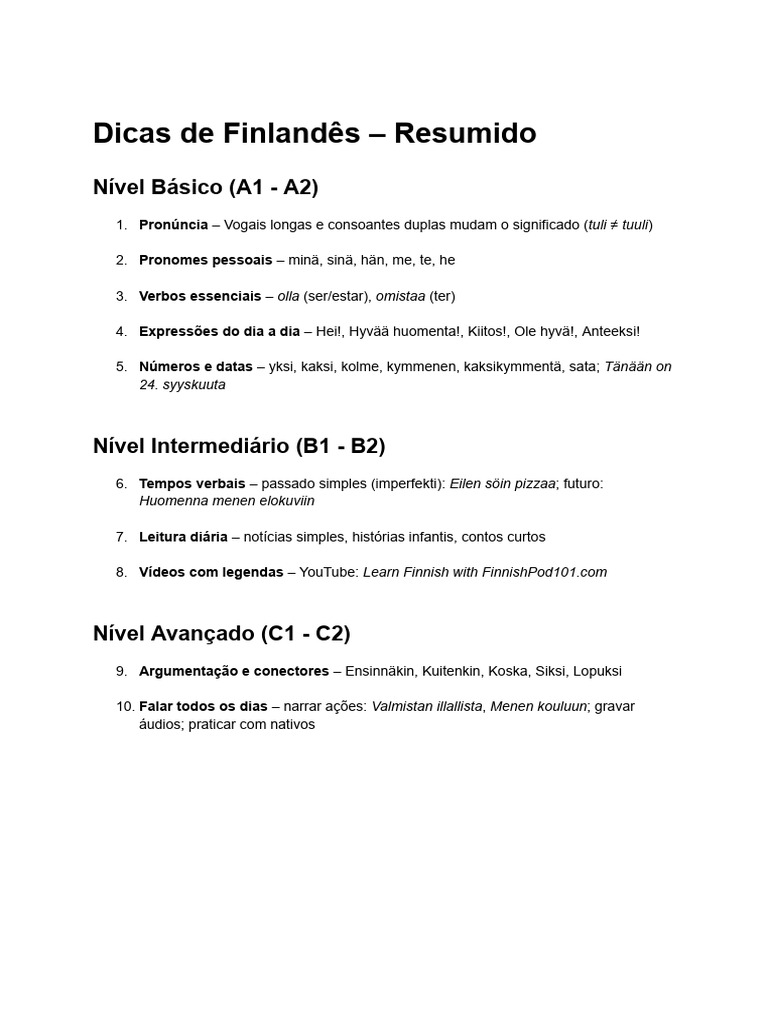 Dicas de Finlandês - Nível Básico (A1 - A2) | PDF