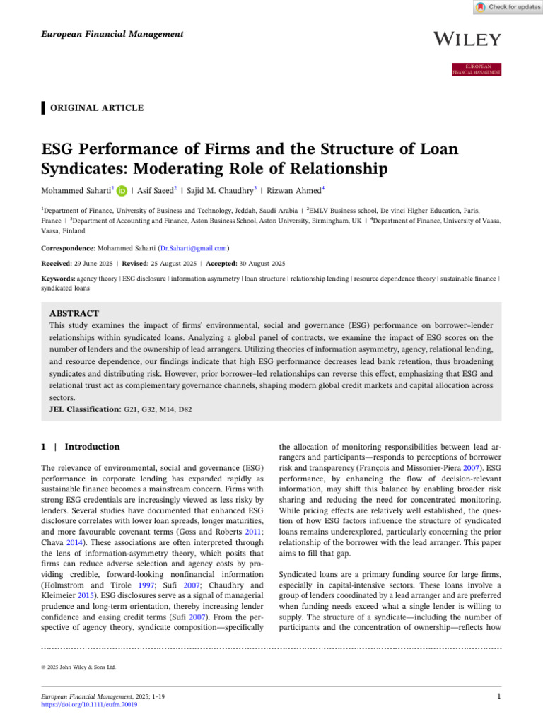 ESG Impact on Loan Syndicate Structure | PDF | Loans | Syndicated Loan