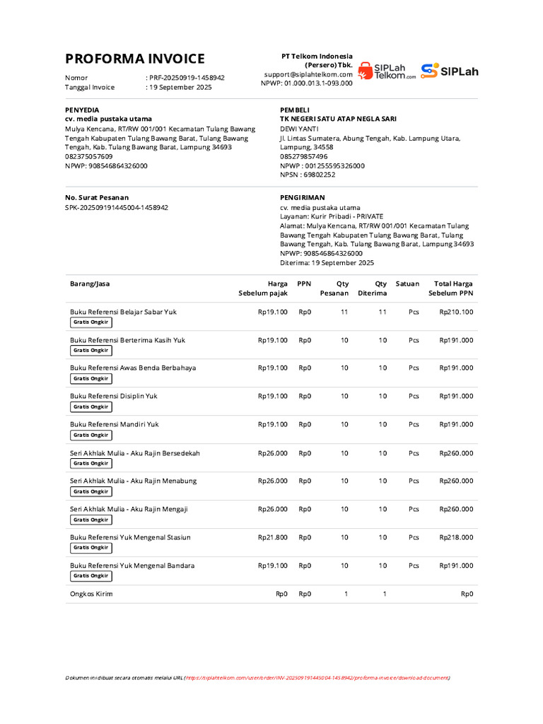 PROFORMA INVOICE INV-202509191445004-1458942 - SIPLah Telkom | PDF