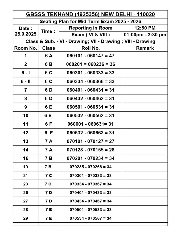 Mid Term Exam Seating Plan 2025-26 | PDF