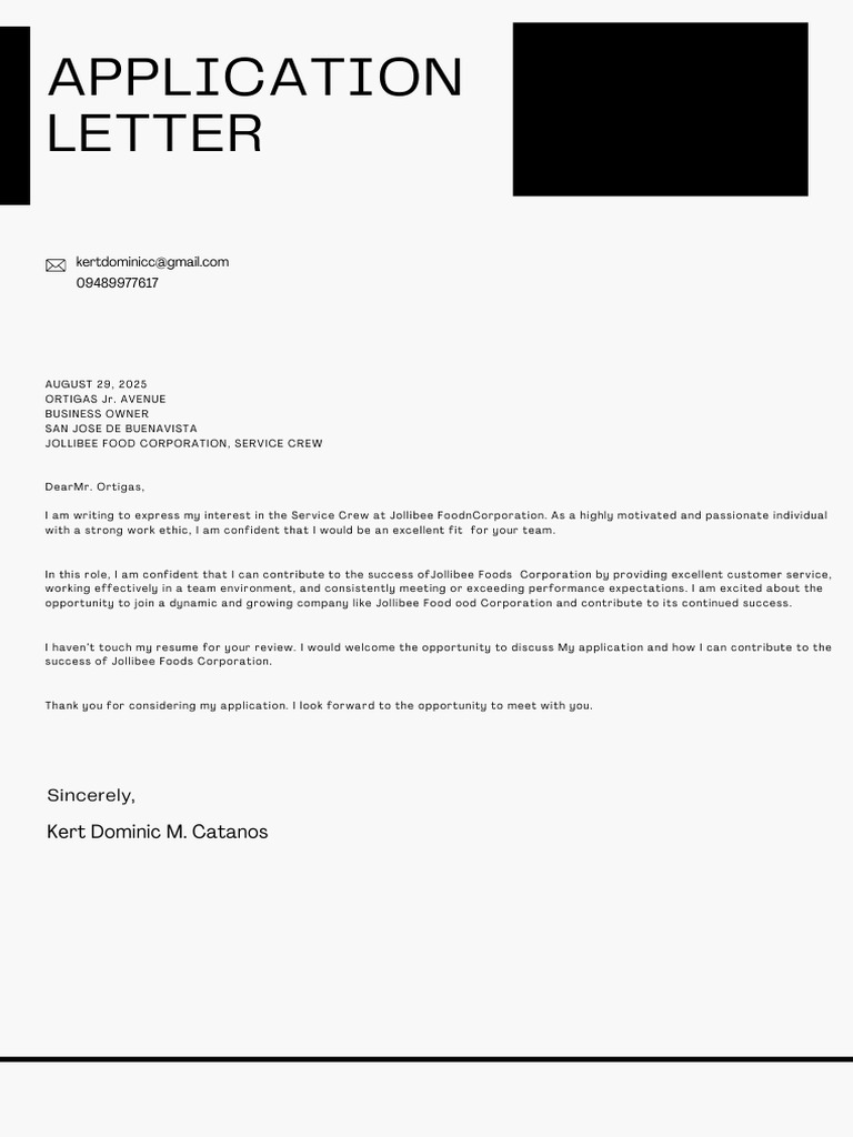 Jollibee Service Crew Application Letter | PDF